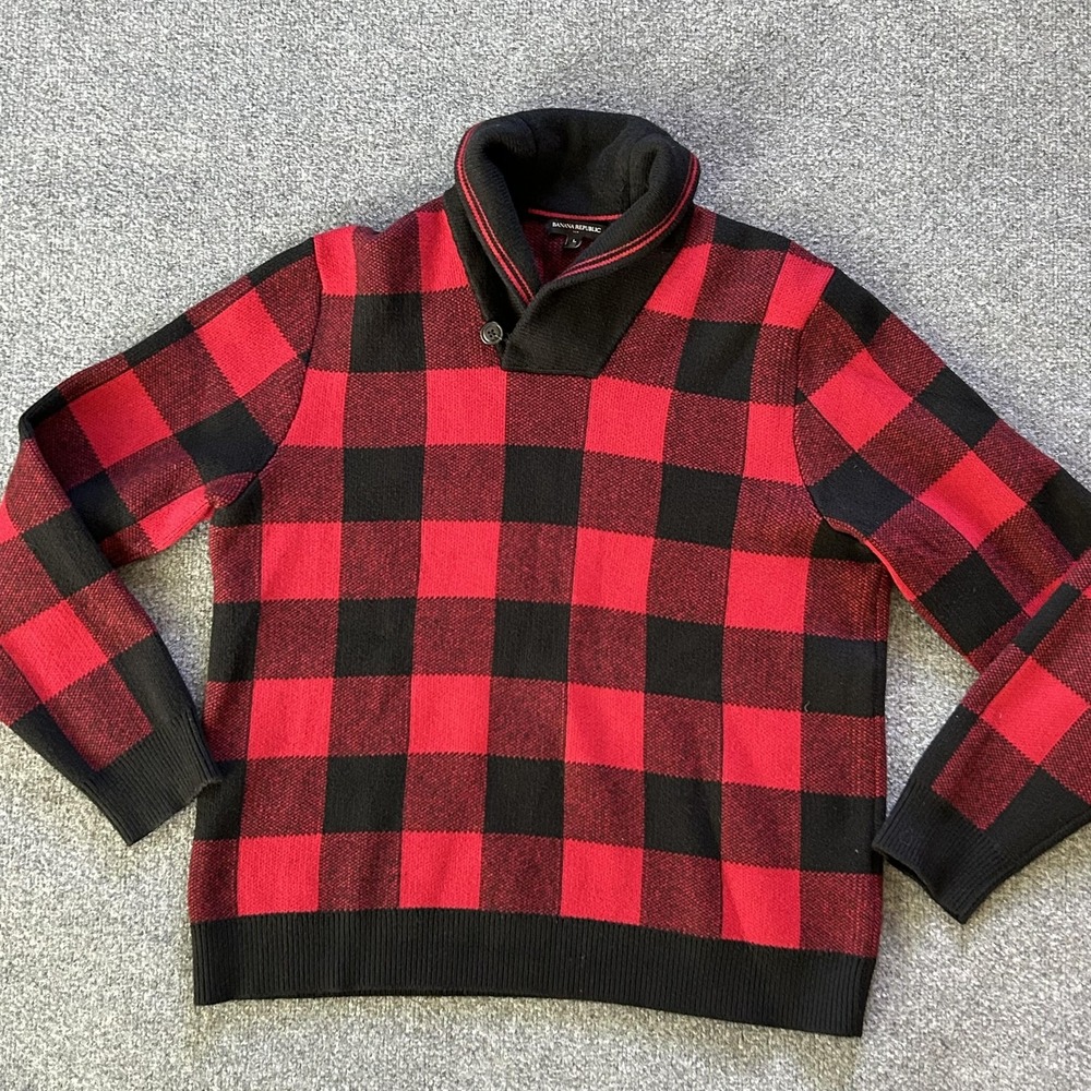 Banana Republic Sweater Mens Large Buffalo Plaid Shawl Collar Pullover Wool
